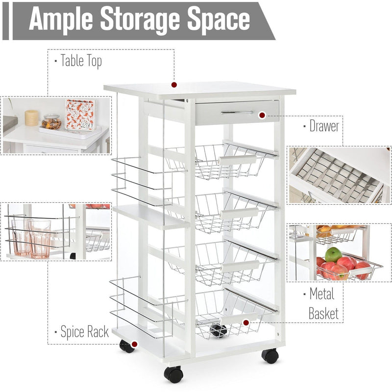 Kitchen Island on Wheels, 4 Baskets, 2 Racks