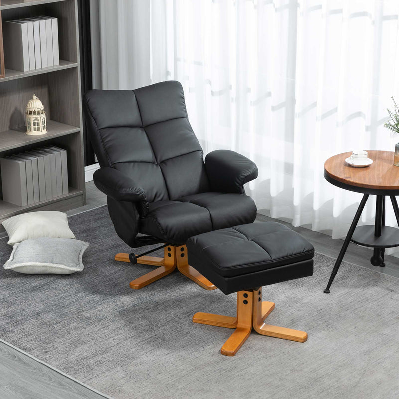 Black Leather Recliner Chair & Stool with Storage