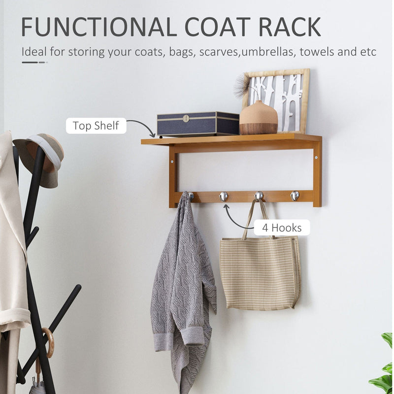 Wall Mounted Coat Rack with Rail and Shelf, 4 Hooks, Bamboo