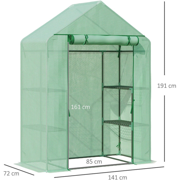 Small Walk In Greenhouse, 2 Tier Shelf, 141x72x191cm, Green