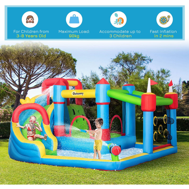 Outsunny 5 in 1 Kids Bounce Castle Large Castle Style Inflatable House Slide Trampoline Pool Water Gun Climbing Wall for Kids Age 3-8 Outsunny