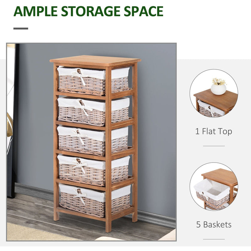 5 Drawer Wicker Basket Shelf, Wooden Frame, Bedroom/Office
