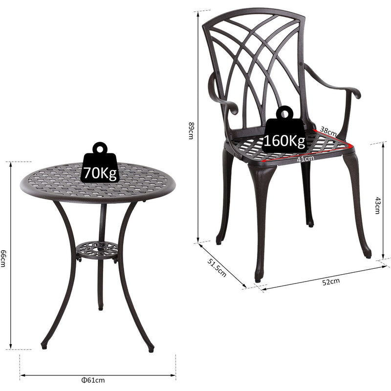 Cast Aluminium 3pc Garden Bistro Set, Brown