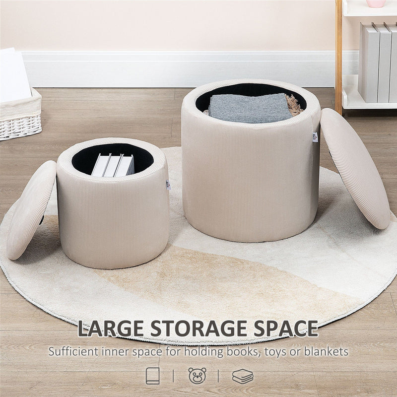 Set of 2 White Fabric Ottomans with Removable Lid