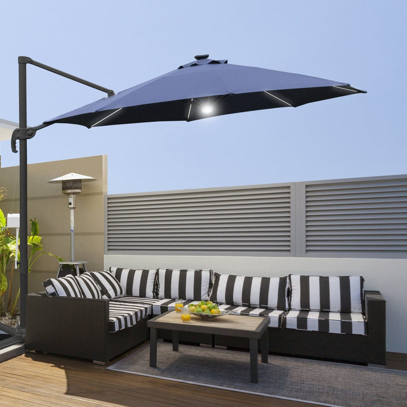 Image of a blue cantilever parasol with solar lights