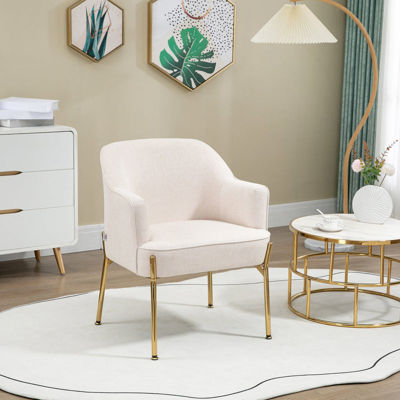White Fabric Armchair with Gold Metal Legs