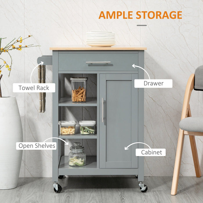 Small Kitchen Trolley on Wheels, Open Shelf, Drawer, Grey