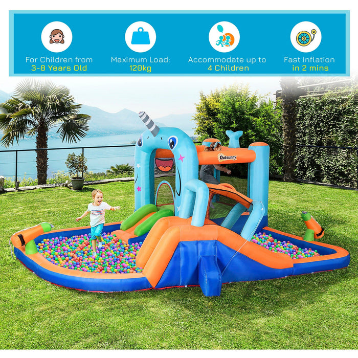 5-in-1 Narwhal Style Kids Bouncy Castle Water Park, Ages 3-8