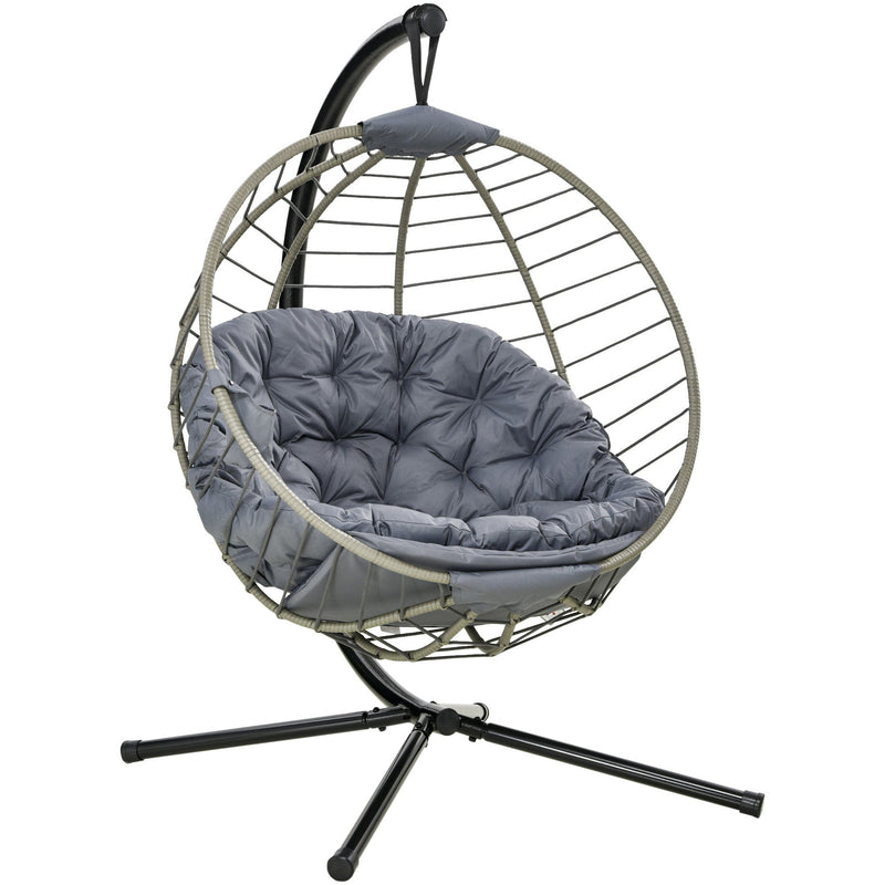 Large Grey Hanging Egg Chair, Foldable, Cushion, Metal Stand