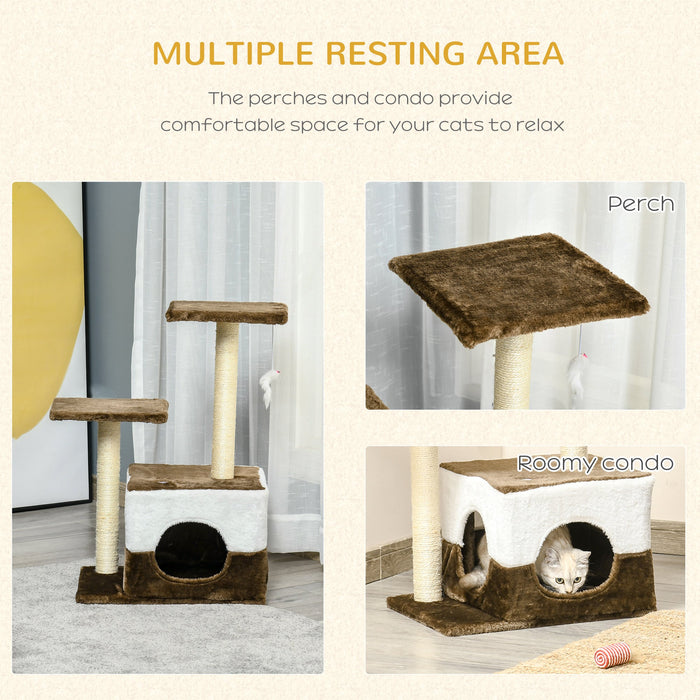 Cat Tree Tower w/ Condo Perch, Mouse Toy, 45x33x70 cm, Brown