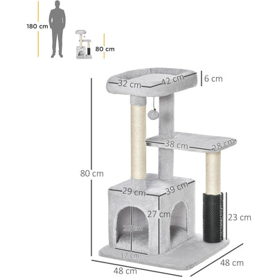 Cat Tree Tower, Sisal Post, Massage Toy, 48x48x80cm, Grey Pawhut