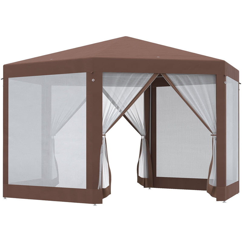 Brown Hexagonal Gazebo with Mosquito Netting