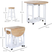 HOMCOM 3PC Wooden Kitchen Cart Mobile Rolling Trolley Folding Bar Table Two Stools Dining Chair Storage Shelf w/2 Drawers & 6 Wheels Homcom