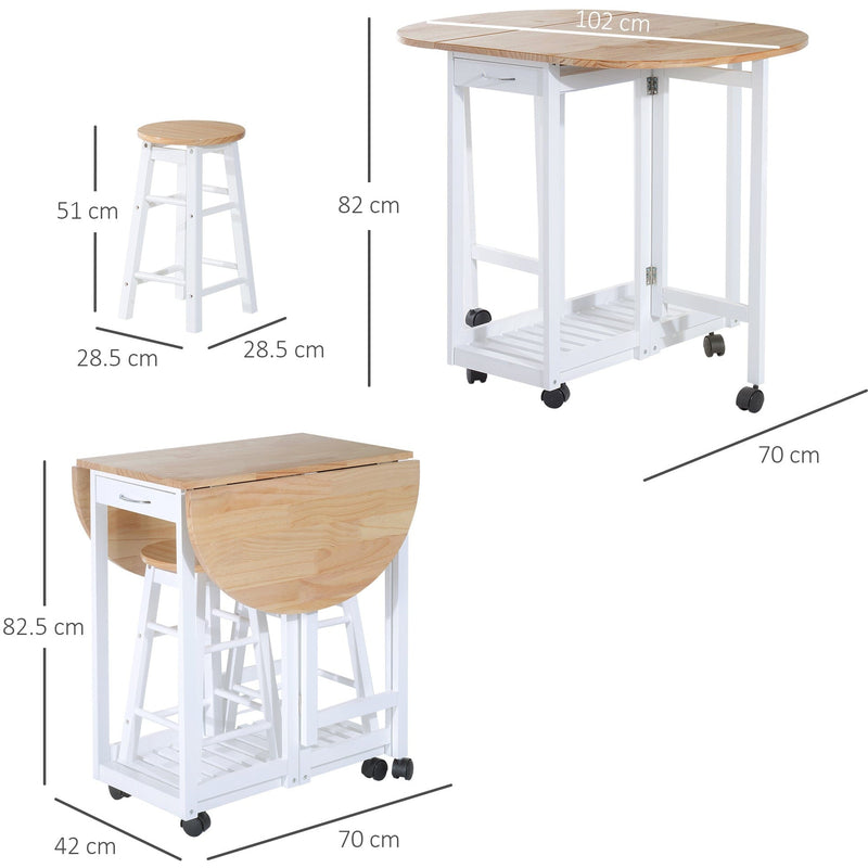 HOMCOM 3PC Wooden Kitchen Cart Mobile Rolling Trolley Folding Bar Table Two Stools Dining Chair Storage Shelf w/2 Drawers & 6 Wheels Homcom