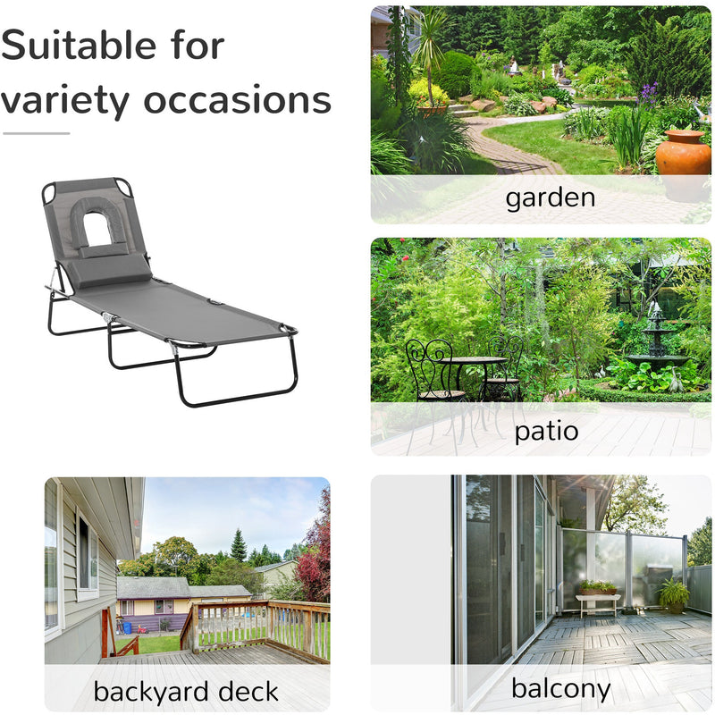 Outsunny Sun Lounger Foldable Reclining Chair with Pillow and Reading Hole Garden Beach Outdoor Recliner Adjustable Grey Outsunny