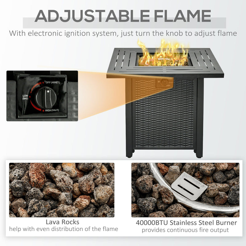 Square Propane Fire Pit Table - 40000 BTU, Cover, 71x71x62cm