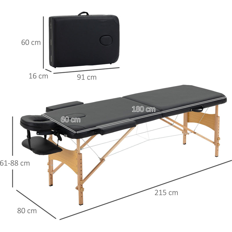 Black Portable Massage Bed, 2 Sections, Wooden Frame, Bag