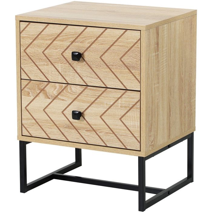 2 Drawer Nightstand, Zig Zag Design With Black Metal Handles