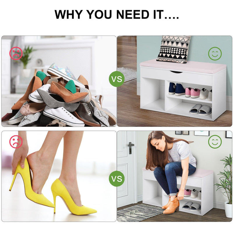 Shoe Bench With Cushion, White/Pink