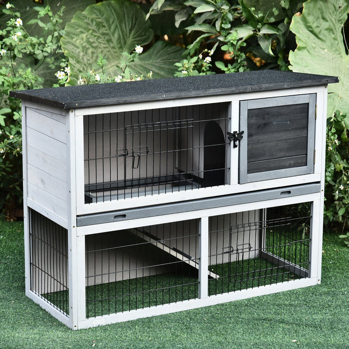 Fir Wood Animal Hutch With Slide Out Tray - Grey