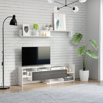 White & Grey TV Cabinet with Wall Shelf and Storage Homcom