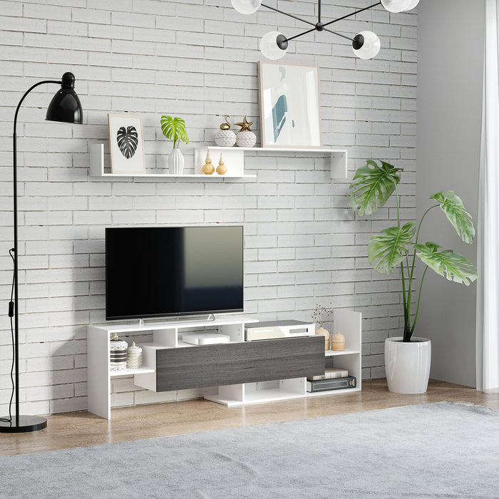 White & Grey TV Cabinet with Wall Shelf and Storage