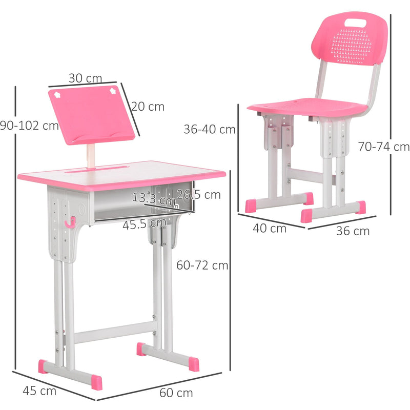Kids Desk & Chair Set with Storage & Book Stand, Pink