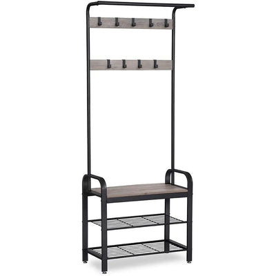 Industrial Hallway Coat Rack And Shoe Storage With Bench by Vasagle - black steel frame and shelves with rustic brown wooden bench. 9 coat hooks