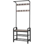 Industrial Hallway Coat Rack And Shoe Storage With Bench by Vasagle - black steel frame and shelves with rustic brown wooden bench. 9 coat hooks