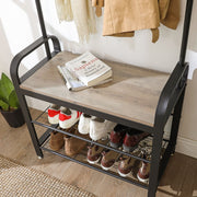 Industrial Hallway Coat Rack And Shoe Storage With Bench by Vasagle - black steel frame and shelves with rustic brown wooden bench. 9 coat hooks