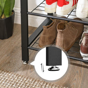 Industrial Hallway Coat Rack And Shoe Storage With Bench by Vasagle - black steel frame and shelves with rustic brown wooden bench. 9 coat hooks