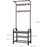 Industrial Hallway Coat Rack And Shoe Storage With Bench by Vasagle - black steel frame and shelves with rustic brown wooden bench. 9 coat hooks