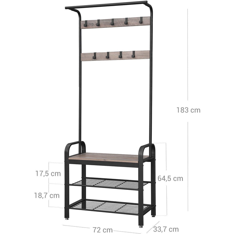 Industrial Hallway Coat Rack And Shoe Storage With Bench by Vasagle - black steel frame and shelves with rustic brown wooden bench. 9 coat hooks