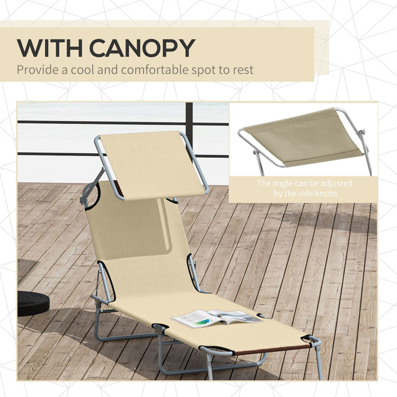 Outsunny Reclining Chair Sun Lounger Folding Lounger Seat with Sun Shade Awning Beach Garden Outdoor Patio Recliner Adjustable (Beige) Outsunny