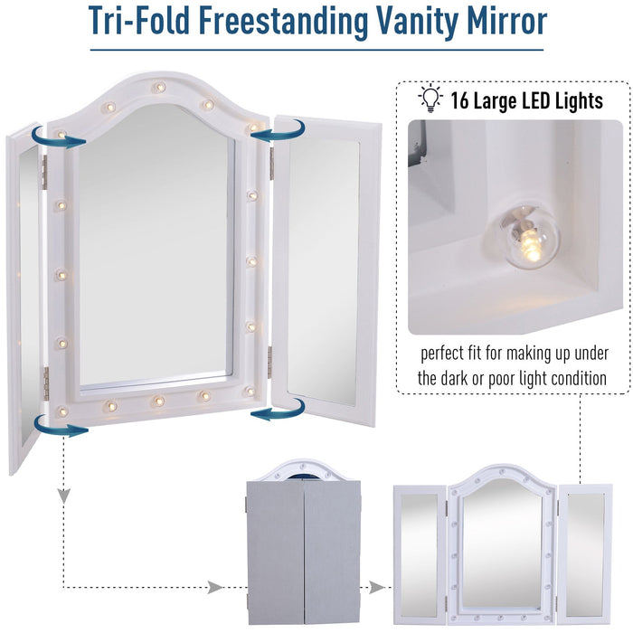 White LED Trifold Freestanding Vanity Mirror