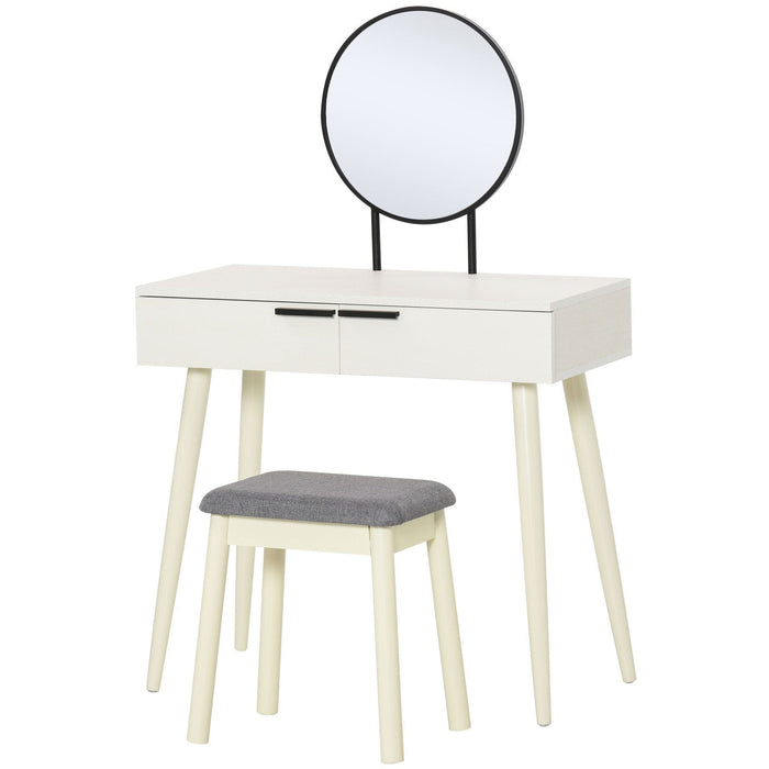 Modern Dressing Table With Round Mirror and Stool