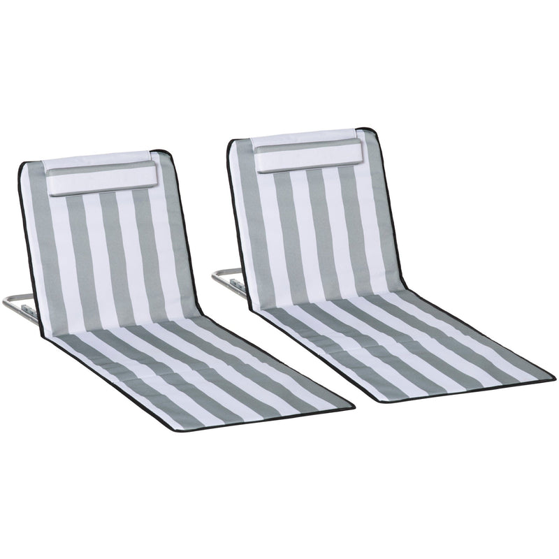 Outsunny Set of 2 Foldable Garden Beach Chair Mat Lightweight Outdoor Sun Lounger Seats Adjustable Back Metal Frame PE Fabric Head Pillow, Light Grey Outsunny
