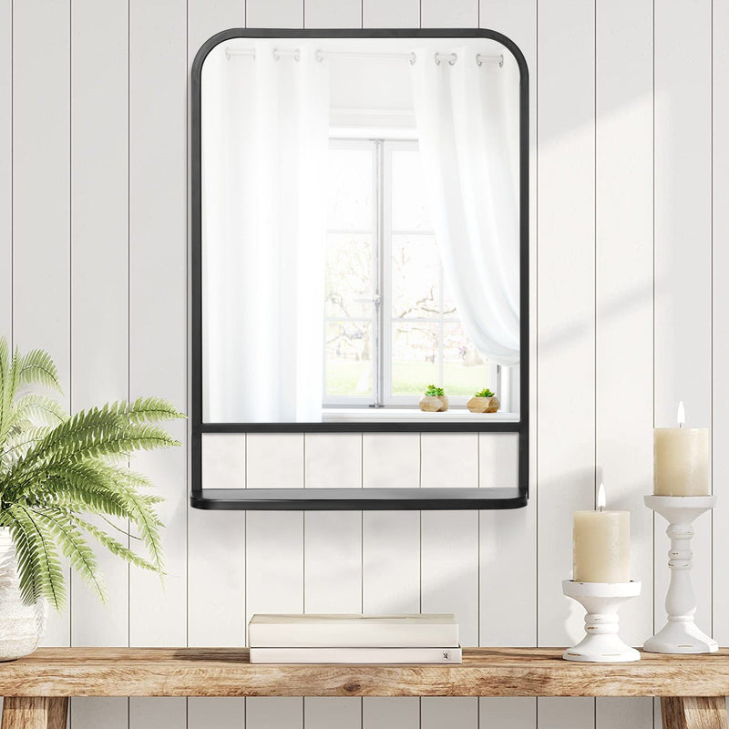 Modern Wall Mirror with Shelf, 70x50 cm, Black