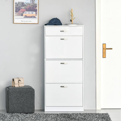 Shoe Cabinet, Wooden Shoe Storage Unit with 3 Pull Down Drawers, Multifunctional Dust-Proof Space-Saving Slim Cupboard for Hallway or Entryway White High Gloss Homcom
