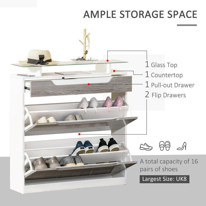 Grey Shoe Cabinet With Glass Top, 3 Drawers (14-Pairs)