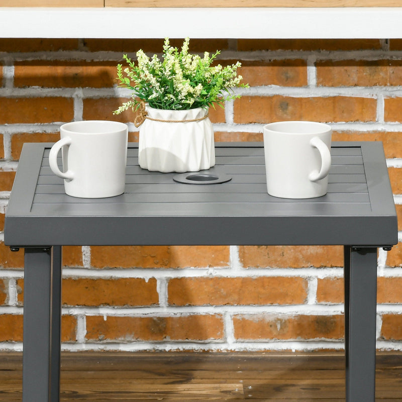 Outsunny Garden Side Table, Patio Coffee Table with Umbrella Hole, End Table with Steel Frame for Balcony, Grey Outsunny