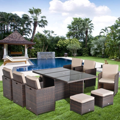 10 Seater Rattan Cube Dining Set with Table, Chairs, Stools Outsunny