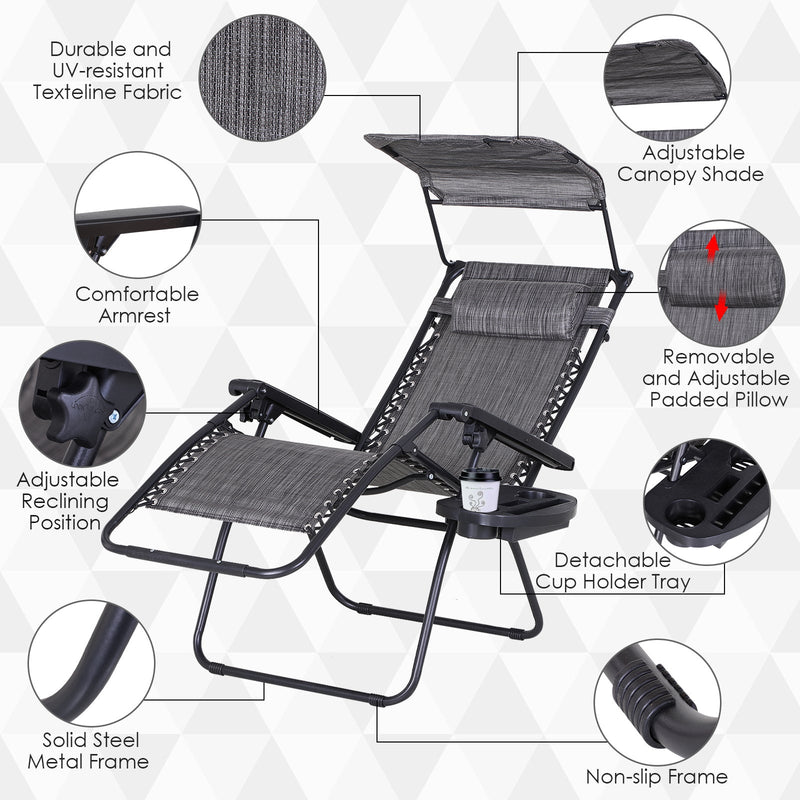 Folding Zero Gravity Chair, Cup Holder & Canopy Shade