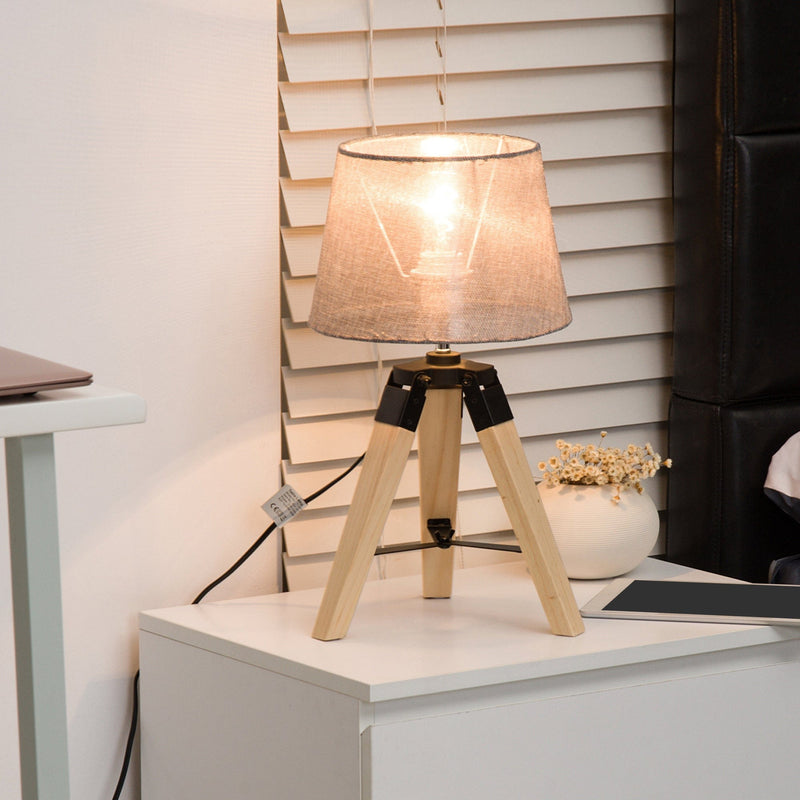 Wooden Tripod Table Lamp With Grey Shade