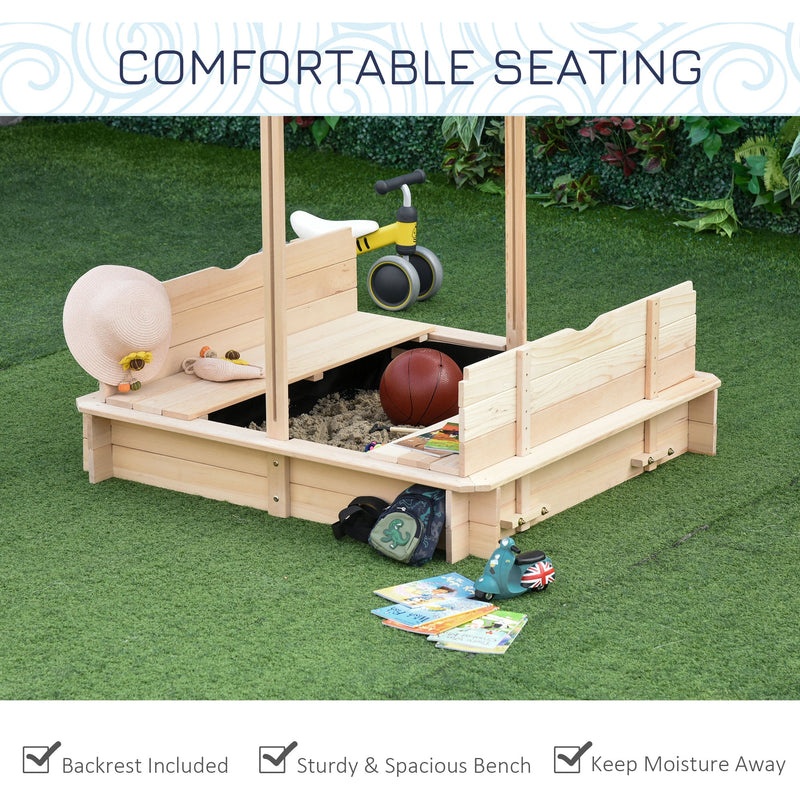 Wooden Sandpit with Adjustable Canopy and Benches for Shaded Outdoor Play Natural Blue White Outsunny