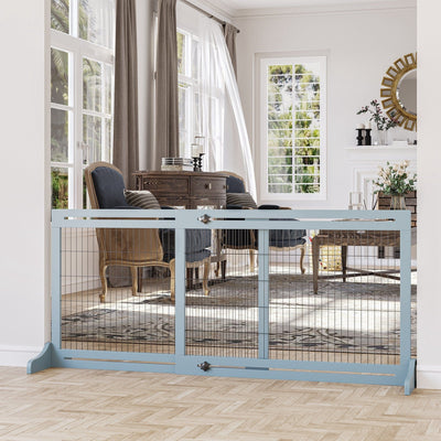 Freestanding Dog Gate, Solid Pine, 69H x 104-183cm, Blue Homcom
