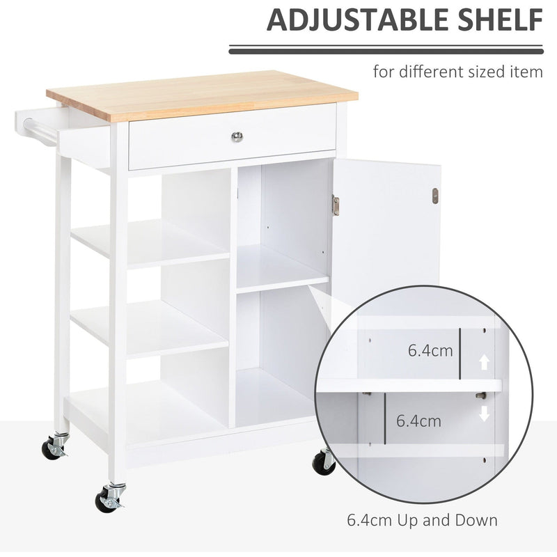 Mobile Kitchen Island, 3 Shelves, Drawer, White and Pine