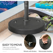 Outsunny Resin Garden Parasol Base with Wheels and Retractable Handles, Round Outdoor Market Umbrella Stand Weight for Poles of Φ38 - Φ48mm, Black Outsunny