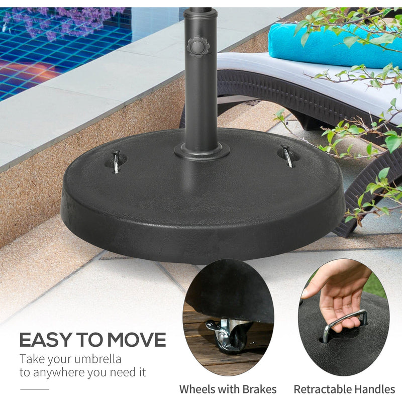 Outsunny Resin Garden Parasol Base with Wheels and Retractable Handles, Round Outdoor Market Umbrella Stand Weight for Poles of Φ38 - Φ48mm, Black Outsunny