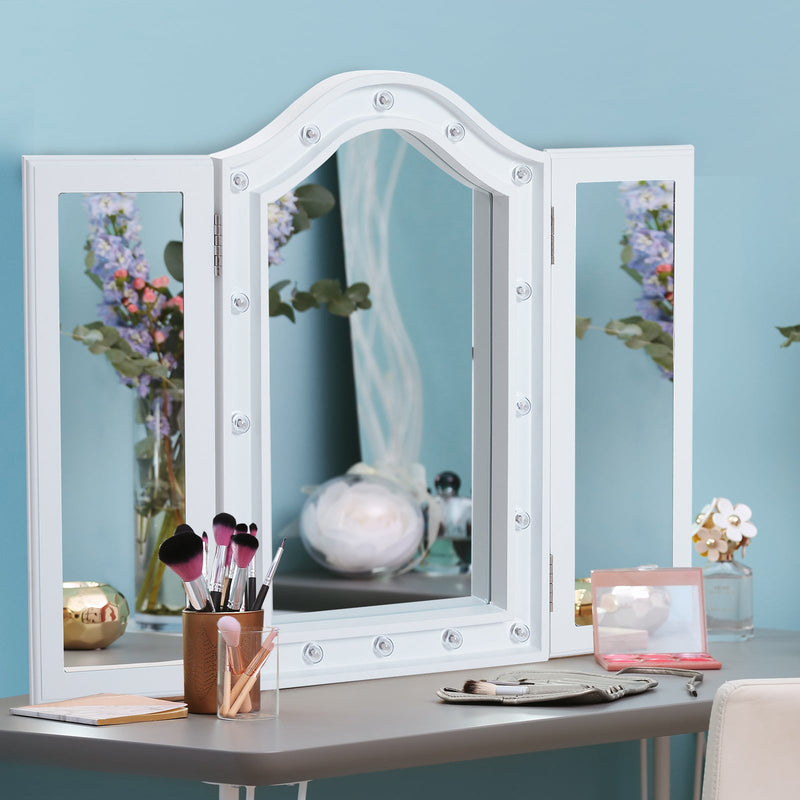 White LED Trifold Freestanding Vanity Mirror